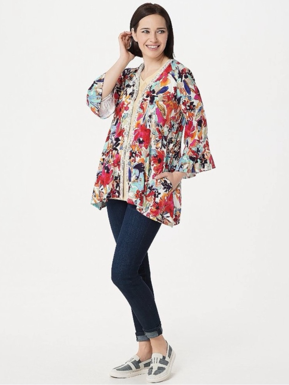 Logo by Lori Goldstein Floral Printed Cardigan Ruffles Lace Size XL